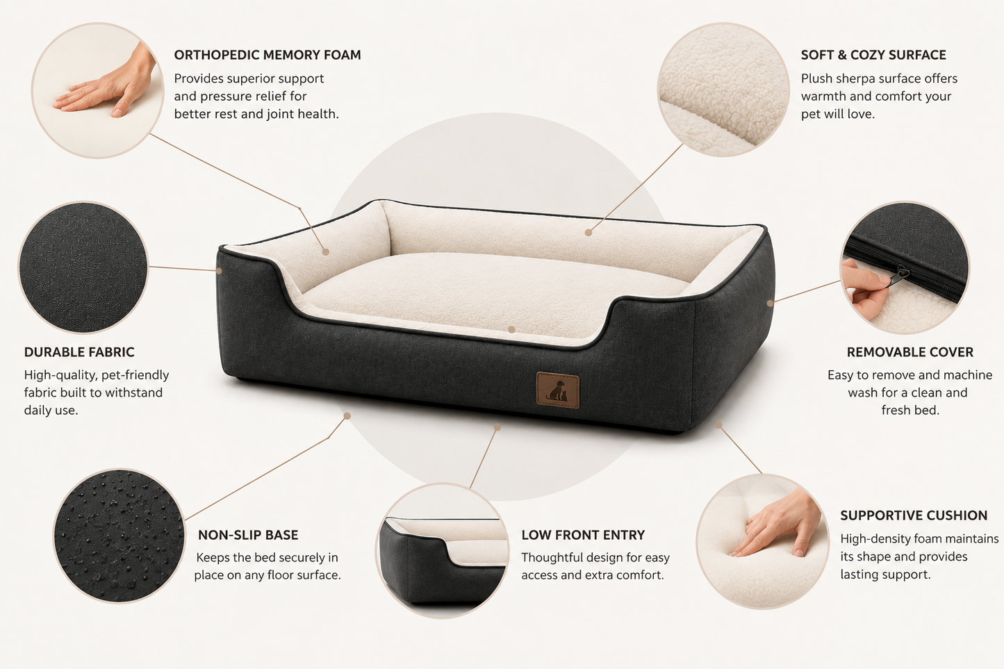 Orthopedic Memory Foam Dog Bed, Removable Cover, Non-Slip Base