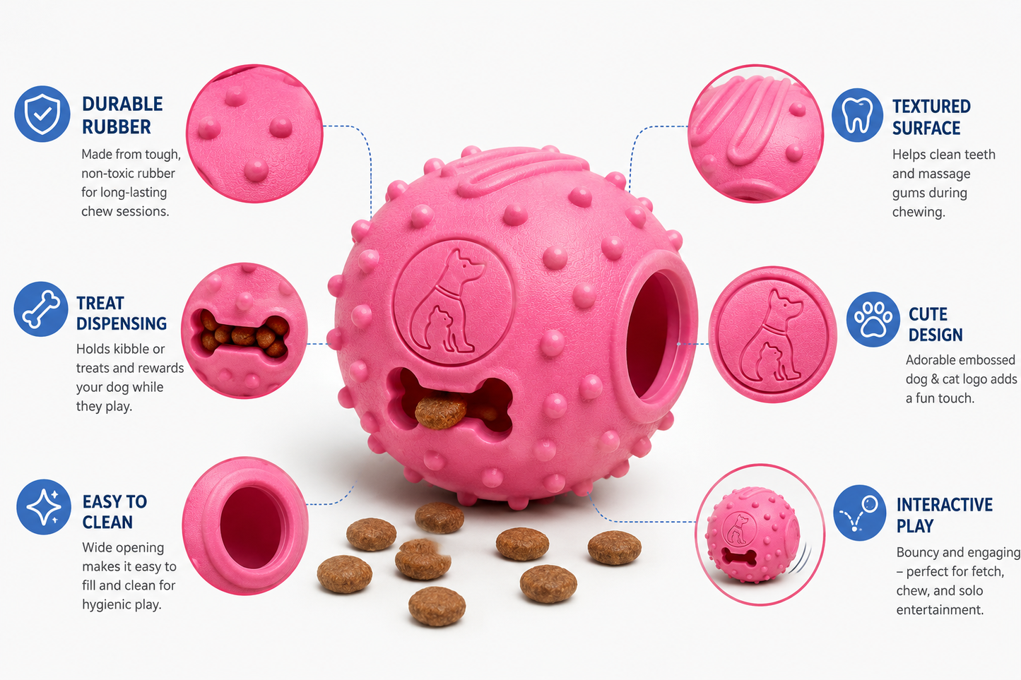 Rubber Treat Dispensing Dog Ball, Durable Interactive Chew Toy