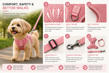 Breathable Dog Vest Harness Set, Adjustable Soft Mesh Harness with Leash & Collar