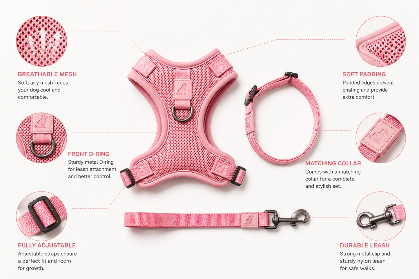 Breathable Dog Vest Harness Set, Adjustable Soft Mesh Harness with Leash & Collar