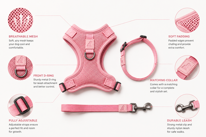 Breathable Dog Vest Harness Set, Adjustable Soft Mesh Harness with Leash & Collar